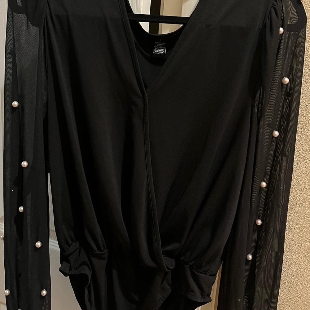 Elegant Black Bodysuit with Faux Pearl Accents